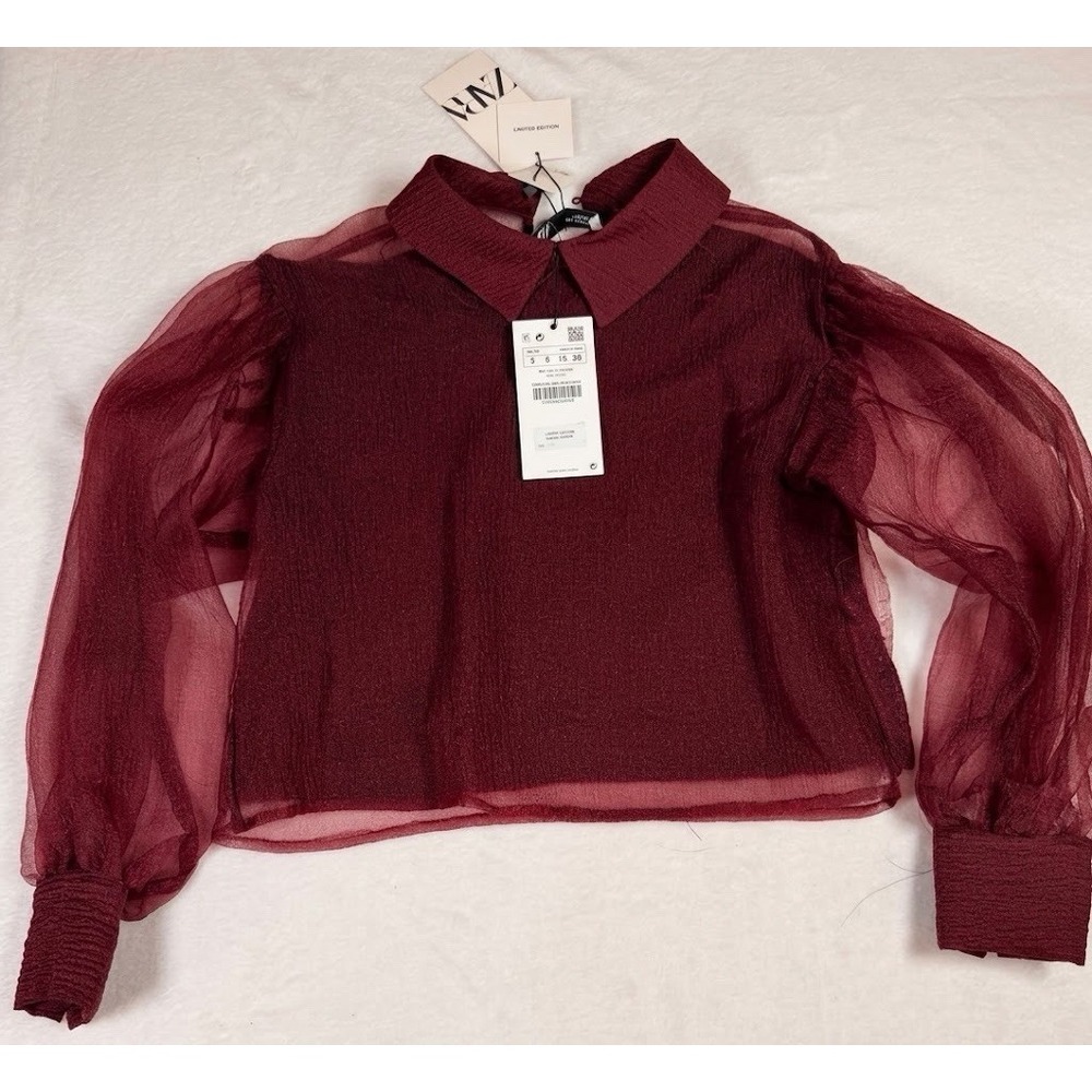 NWT ZARA Burgundy Sheer Organza Mesh Top Collared Blouse Puff Long Sleeve Small